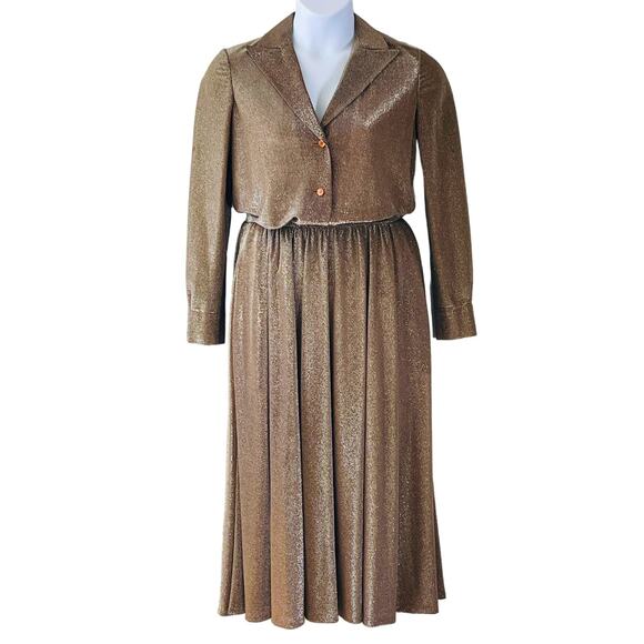 VINTAGE 70s Hand Made Metallic Jersey 2 Piece Dress Size Medium - Picture 1 of 6